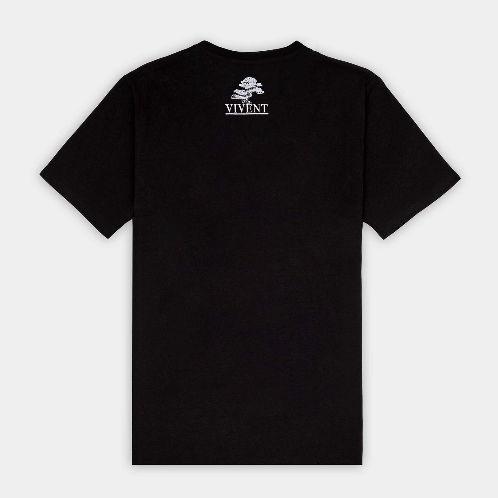 The Back of a black VIVENT T-shirt with a bonsai tree logo