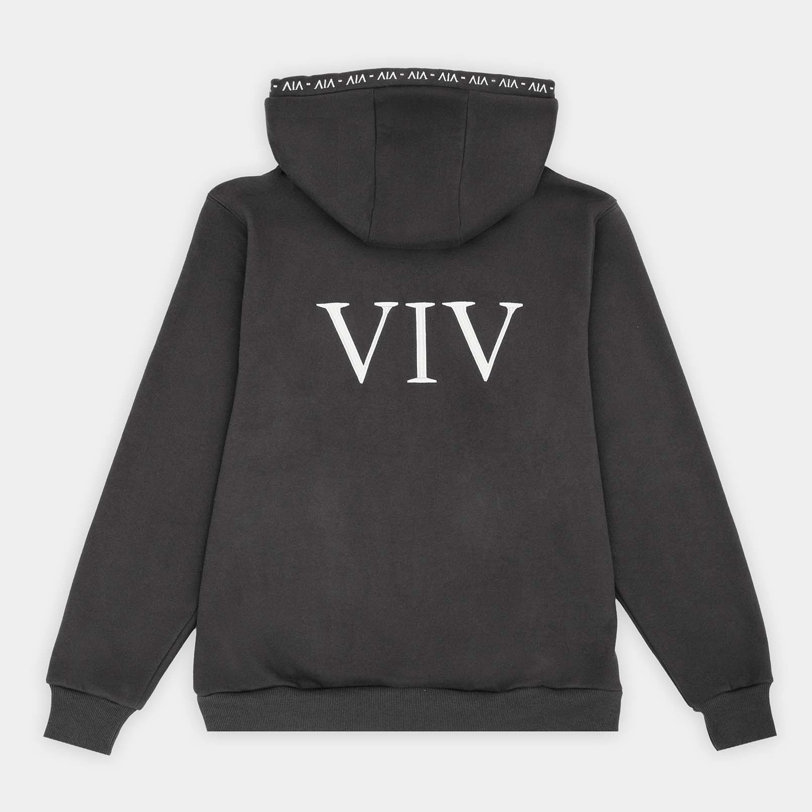A fashionable black Viv hoodie featuring white lettering, perfect for a chic and modern look.