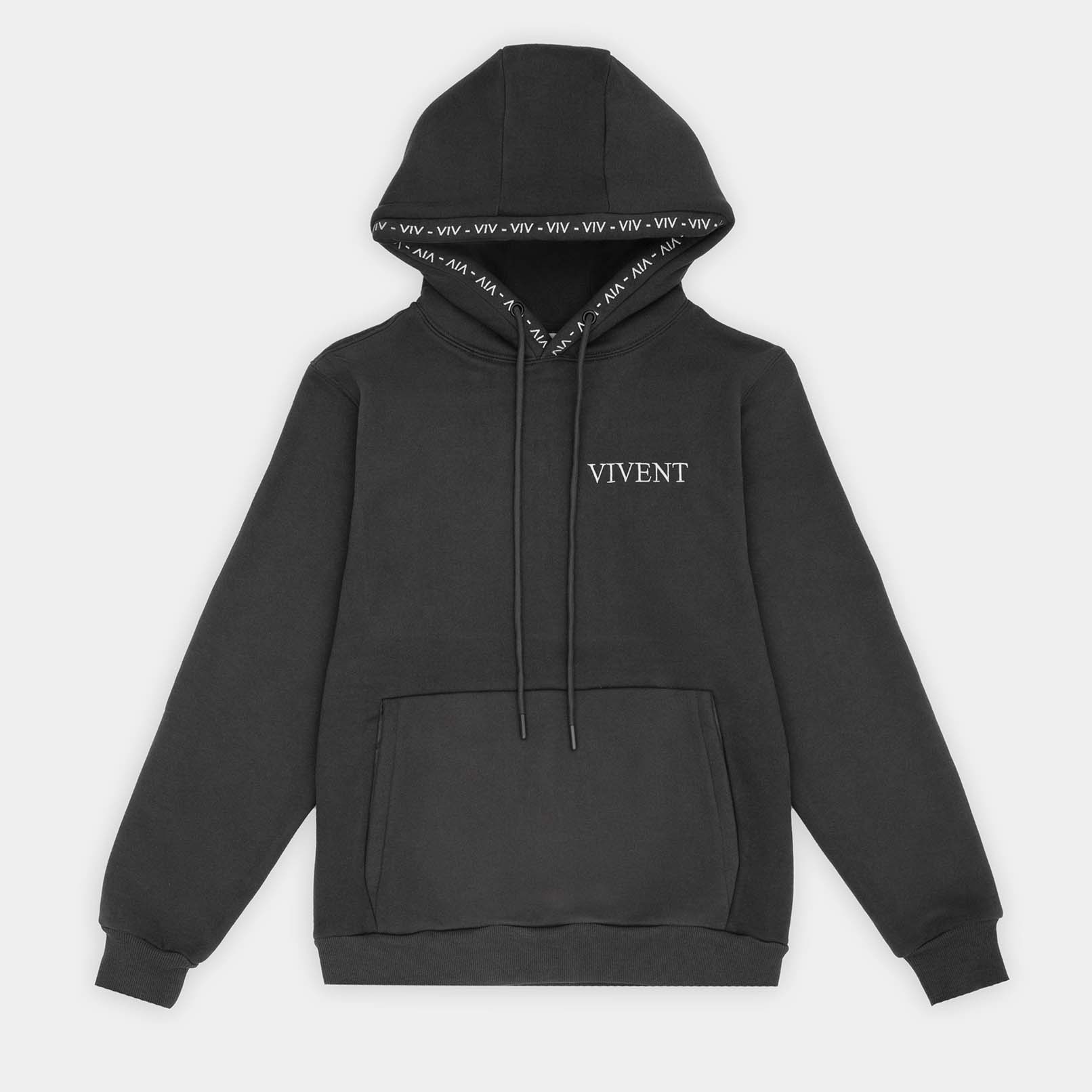 Black hoodie with 'VIVENT' in white embroidered letters.