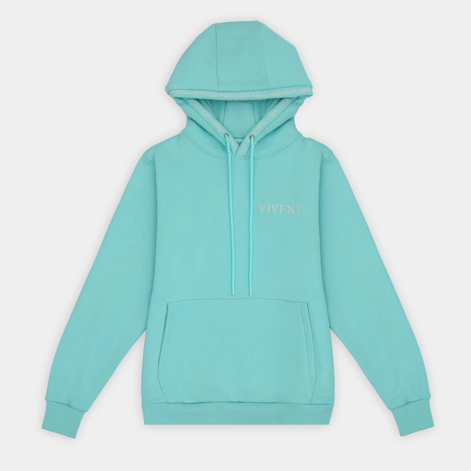 A teal hoodie with the word 'VIVENT' on it, representing affection and warmth.