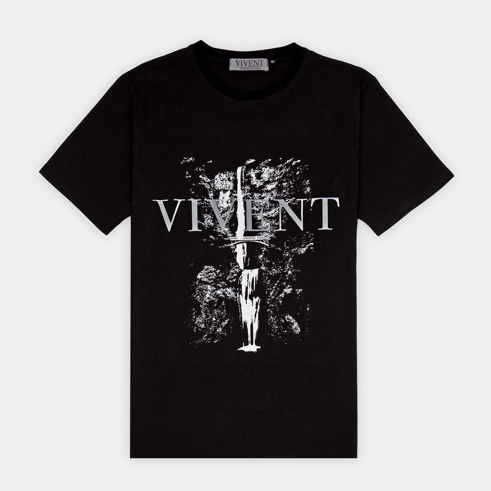 A black t-shirt with the word "VIVENT" written on it.